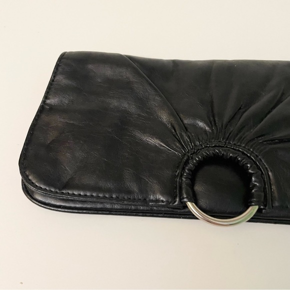 Vintage Spring Black Faux Leather Envelope Clutch Y2K Silver Ring Handbag - Picture 4 of 16